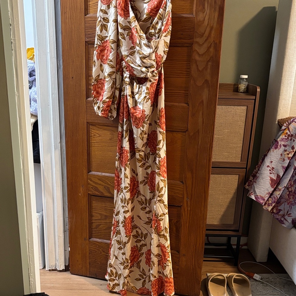 Sexy one shoulder cutout Floral Maxi Dress with Red and Brown Pattern NWT